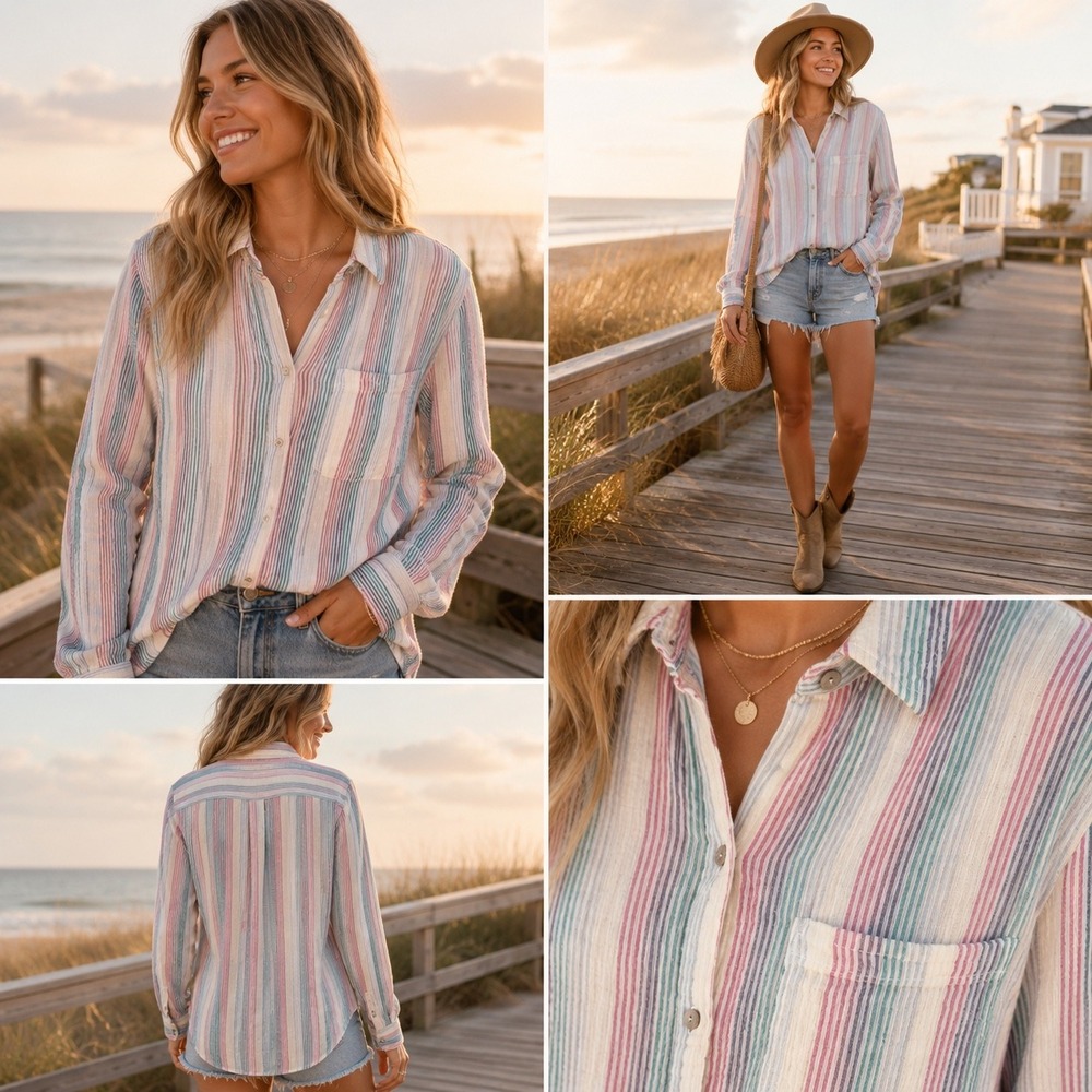 Rails Ellis Iris Stripe Cotton Gauze Button Down Shirt Multi Color Small